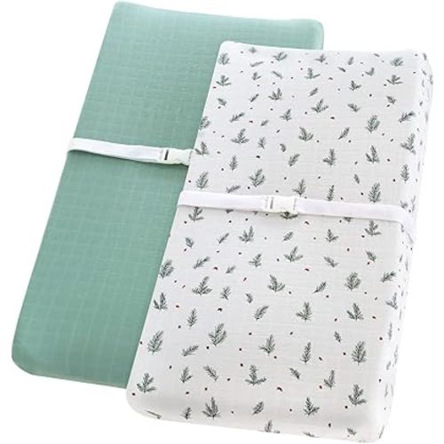 LifeTree 2 Pack Changing Pad Cover Unisex - Soft Muslin Fitted Changing Table Sheets - 16"x32" Organic Cotton - Pine Needles and Roman Green
