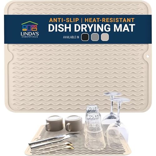 Silicone Dish Drying Mat for Kitchen Counter - Multi-Use 16 x 12 Inch Pad, Non-Slip & Heat-Resistant, Perfect Dish Drainer Mat by Linda’s Essentials, Ideal Kitchen Accessory (Beige)