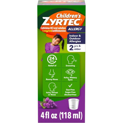 Children's Zyrtec 24 Hour Allergy Relief Syrup, 5 mg Cetirizine Hydrochloride Antihistamine, Kids Allergy Medicine for Indoor & Outdoor Allergy Relief, Dye- & Sugar-Free, Grape, 4 fl. oz