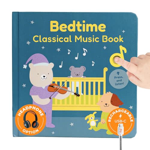 Cali's Books Bedtime Musical Book for Babies and Toddlers 1-3, USB-C Rechargeable, Headphone Jack, 6 Classical and Relaxing Pieces, Sound Book for Sleep & Relaxation