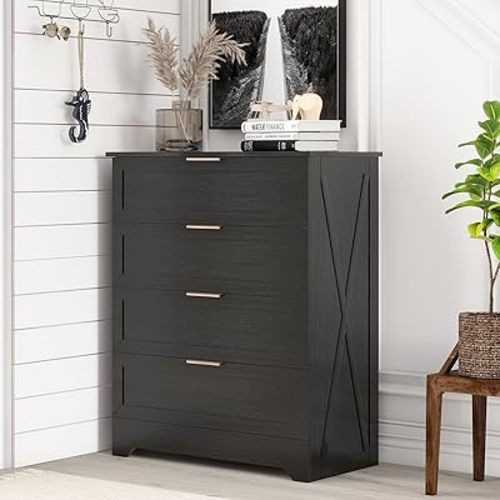 Modern 4 Drawer Dresser for Bedroom, Tall Bedroom Dresser with Large Drawer & Rose Gold Handles, Wooden Storage Organizer Cabinet Chest of Drawer for Closet, Living Room, Hallway, Black