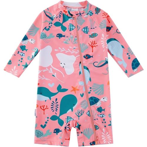 Baby Girl One Piece Swimsuit Sunsuit with Full-Length Zipper UPF 50+ Sun Protection Infant Swimwear