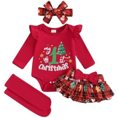My First Baby Girl Christmas Outfit Long Sleeve Romper Plaid Skirt Shorts Headband Sets Newborn Christmas Clothes