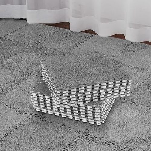 Nuanchu 32 Pcs Plush Foam Interlocking Floor Mat Climbing Area Rugs 11.8 x 11.8 Inch Square Soft Fluffy Tiles with Border Play Mat Flooring Tiles for Home Playroom Decoration (Gray)