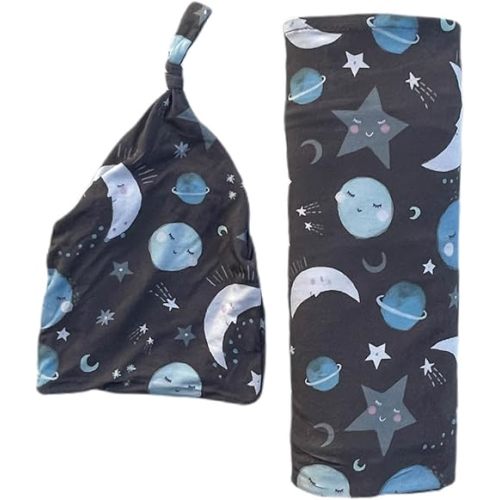 Little Sleepies Swaddle & Hat Set, Baby Swaddles Newborns, Soft Viscose from Bamboo Swaddle Blanket Wrap (Blue to The Moon & Back)