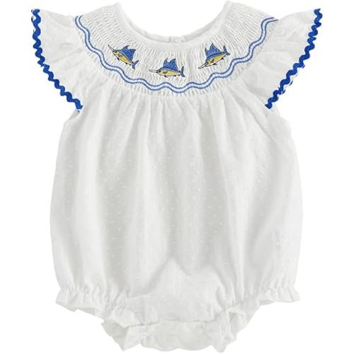 Baby Girl Smocked Bubble Romper Sailfish Embroidered Summer Outfit