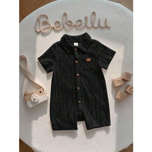 Baby Boys Casual Short Sleeve Textured Romper With Button Front And Collar Neck | SHEIN USA