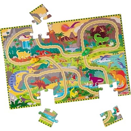Melissa & Doug Dinosaur Adventure Tracks Cardboard Jigsaw Floor Puzzle and 2 Wind-Up Dinos – 48 Pieces, for Boys and Girls 3+