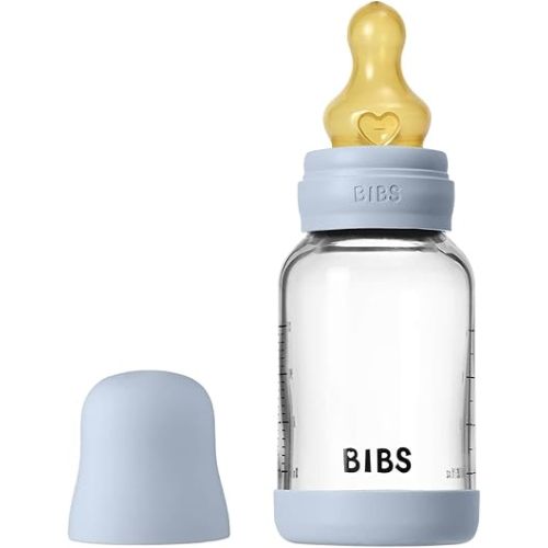 BIBS Baby Glass Bottle. 4 US fl oz / 120 ml. Anti-Colic. Vented Round Natural Rubber Latex Nipple. Supports Natural Breastfeeding, Slow Flow, Complete Set - Baby Blue