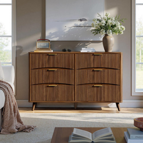 George Oliver Fluted 6 Drawer Dresser, 54" Wide Wood Curved Dresser, Mid Century Modern Chest Of Drawers For Bedroom, Living Room And Entryway | Wayfair