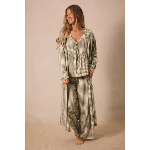 Women’s Sleep + Lounge Bundle - Green Gingham Robe, Mist Pointelle Short Sleeve Sleep Set (L)