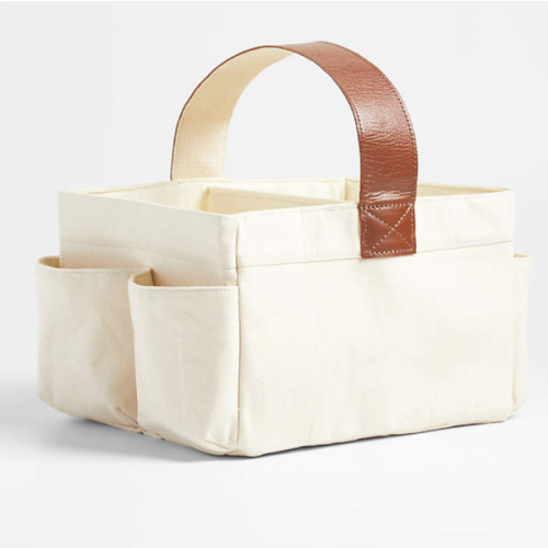 Canvas Diaper Caddy Organizer with Brown Leather Handle