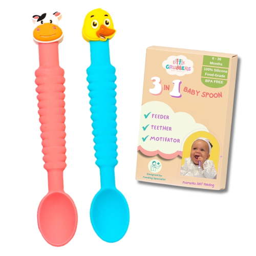 3-in-1 Silicone Baby Spoon Self Feeding 6+ Months - Pediatric OT Designed Teether Spoon, BPA Free Toddler Utensils, Mess-Free, Fun for Baby Led Weaning Supplies, Cow & Duck
