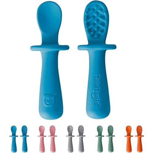 TalkTools ITSY Tiny Silicone Spoons – Twin Pack Soft Silicone Self-Feeding Training Spoons for Kids & Toddlers, Anti-Choking Flange Guard and Non-Slip Handle (Ocean)