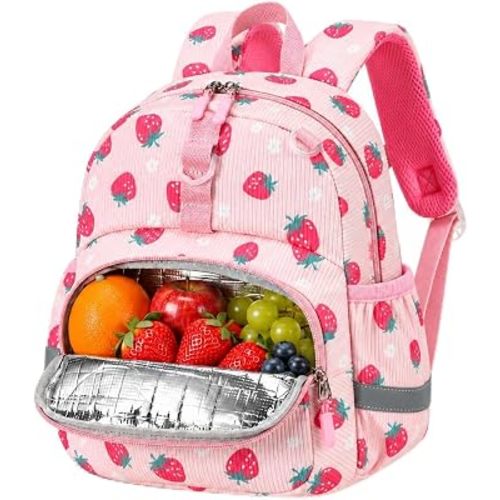 LOIDOU Toddler Backpack for Girls, Daycare Kids Backpack with Insulated Pocket 12 Inch Preshool Kindergarten Corduroy Pre-k Pink Strawberry Kids Gift Age 2-4