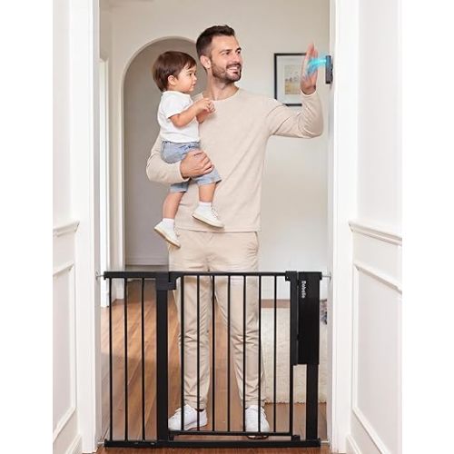 Babelio Smart Baby Gate with Auto-Unlock/Close, Pressure Mounted No Drill for Doorways/Top of Stairs. Pet/Dog Door Wide Walk Thru w/Infrared Sensor & Instant Safety Alert (Black, 26.3-37.8" W, 30" H)