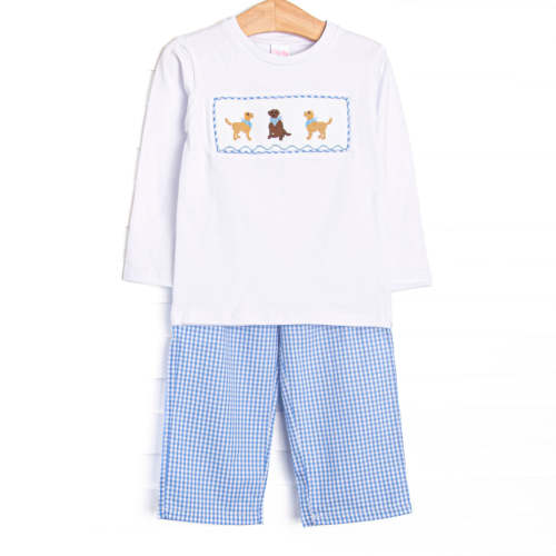 Golden Days Smocked Pant Set, Blue Gingham – Stitchy Fish