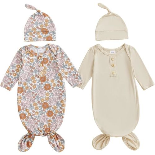 woshilaocai 2 Pack Baby Boy Girl Gown Sleeper Newborn Knotted Nightgown and Hat Set Infant Sleepwear
