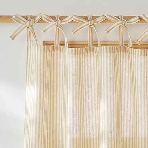 NICETOWN Cream Yellow Window Curtains for Bedroom, Tie Top Striped Print Thick Linen Light Filtering Window Treatments DIY Crafted Privacy for Kids Room, W52 x L84, 2 Panels