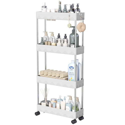 Cshidworld 4 Tier Slim Rolling Storage Cart, Bathroom Storage Organizer, Utility Shelving Unit for Office, Bathroom, Kitchen, Laundry Room & Narrow Places, White