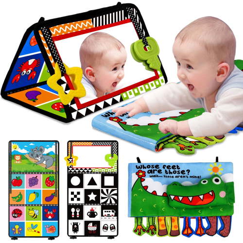 3 in 1 Tummy Time Mirror Baby Toys with Crinkle Cloth Book and Teether