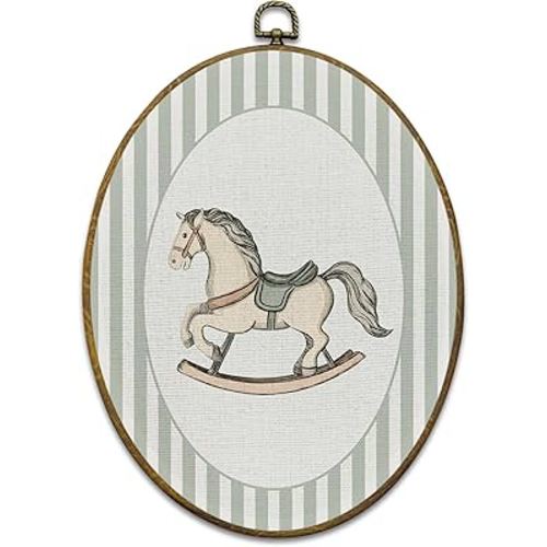 Vintage Rocking Horse Nursery Wall Art Decor, Kids Room Framed Canvas Prints 8.6x11.4, Sage Green Striped Oval Wall Hanging Artwork Decorations for Kids Girl Boy Nursery Room Bedroom Playroom