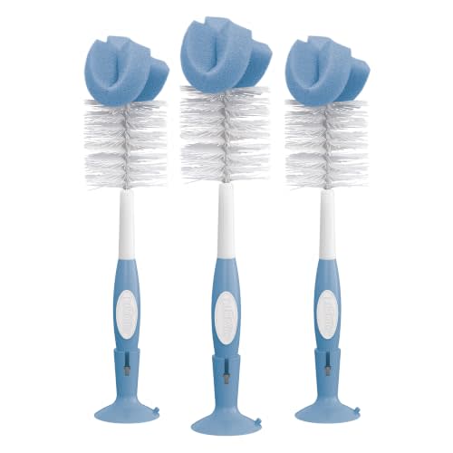 Dr. Brown's Bottle Brush, Blue, 3-Pack | Sponge and bristle cleaning brush, thoroughly clean bottles and baby items, nipple cleaner and suction cup base