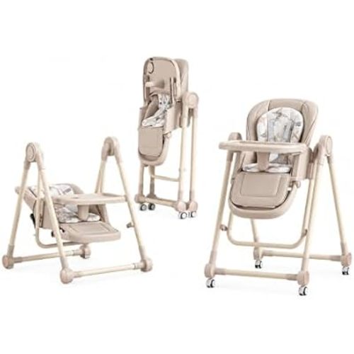 Multi Functional All in 1 Baby High Chair Swings for Infants Foldable Rocking 8 Level Height Adjustment Eco Friendly Washable PU Cushion Ultimate Baby Feeding Chair (Brown)
