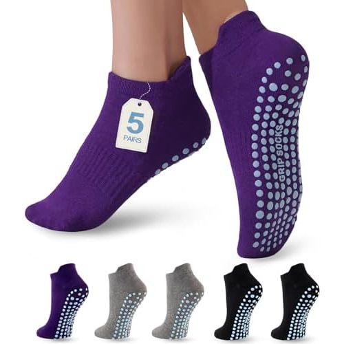5 Pairs Pilates Socks with Grips for Women Non Slip Grip Yoga Crew Socks for Barre Hospital Barefoot Workout