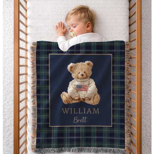 Teddy Bear with Tartan Plaid Background Woven Blanket, Personalized Name, Keepsake Blanket,
