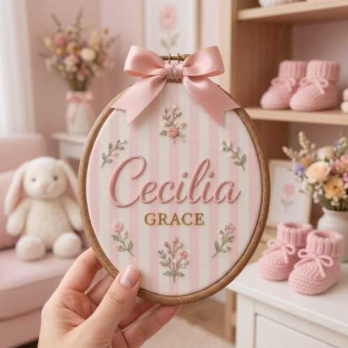 Personalized Vintage Floral Oval Baby Name Sign, Embroidered Name Hoop Sign, Baby Announcement Ornament, Nursery Wall Decor Baby Shower Gift