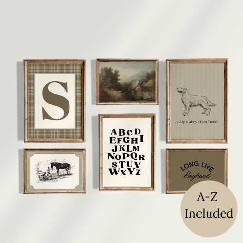 Vintage Dog Themed Nursery Gallery Wall, Classic Dogs Bedroom, Dog Lovers Wall Art, Dog Boy Bedroom Wall Art, Printable Art Monogram A-Z