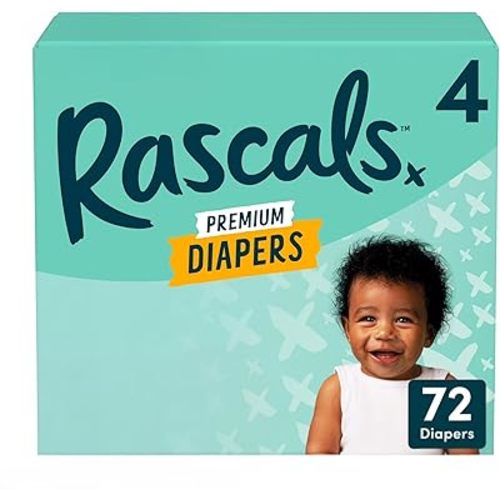 Rascals Premium Absorbent Baby Diapers with Deep Pocket and Triple Leak Guards for Blowout Protection (4-72ct)