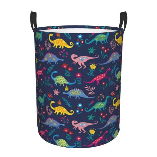 Honeii Dinosaur Flowers Print Laundry Hamper Basket,Baby Nursery Woven Storage Basket for Toys Bin,Pillows,Blankets,Clothes-Medium