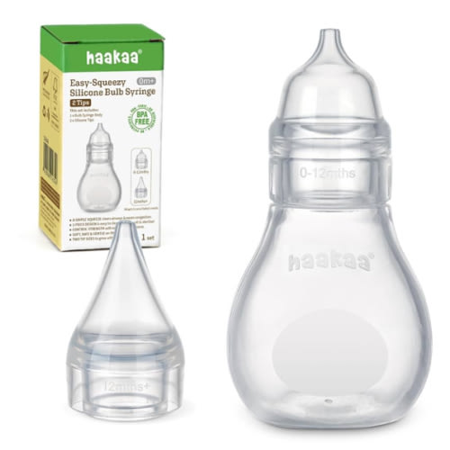 Haakaa Silicone Baby Nasal Aspirator | Nose Bulb Syringe | Easy-Squeezy Baby Nose Cleaner, 0m+ Newborn Infant &Toddler - BPA Free Silicone-2 Tips