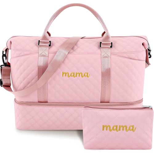 Mama Hospital Bag for Women Labor Delivery Travel Duffle Bag with Shoe Compartment and Toiletry Pouch Waterproof Letter Embroidered for Pregnancy Weekender Overnight Gym Gift, Pink