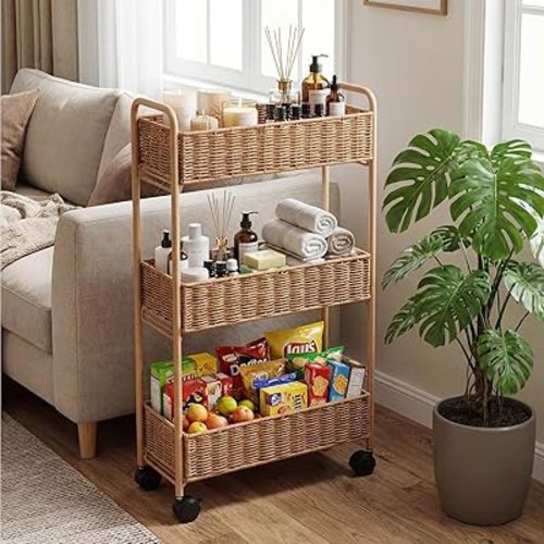 FOCHIER F Utility Slim Storage Cart,3-Tier Rolling Kitchen Office Laundry Room Cart,Mobile Shelving Unit Organizer for Living Room Bathroom Baby Diaper Narrow Places (Natural, 3 Tiers-7.1 inch (W))