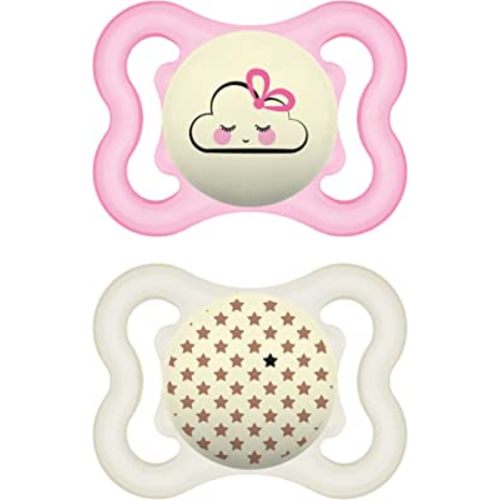 MAM Supreme Night Baby Pacifier, for Sensitive Skin, Patented Nipple, 2 Pack, 0-6 Months, Girl