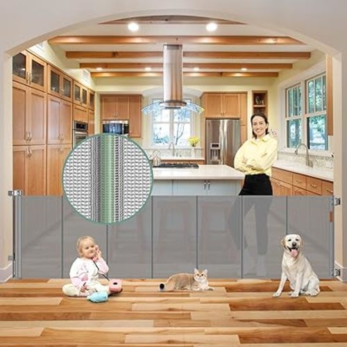 Reinforced 100 Inch Extra Long Baby Gates for Large Openings to Prevent Crawling Under, No Bottom Bar Extra Wide Retractable Baby Gate for Stairs, 8 ft Mesh Child Gate for Parent/Pet Owner Use, Gray