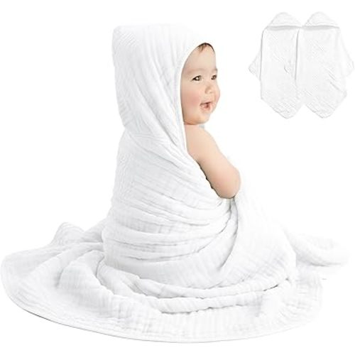david's kids 2 Pack Hooded Baby Towels, 100% Muslin Cotton 6-Layer Ultra Soft Breathable Absorbent Baby Bath Towels for Infant and Toddler, Newborn Essentials, Large 32x32Inch, White