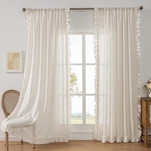 Extra Long Ruffle Curtains 108 Inches Long 2 Panels, 58x108 Inch, Natural Linen Textured Ruffled Curtains for Living Room Rod Pocket Privacy Light Filtering Cottagecore Semi Sheer Flowy Window Drapes