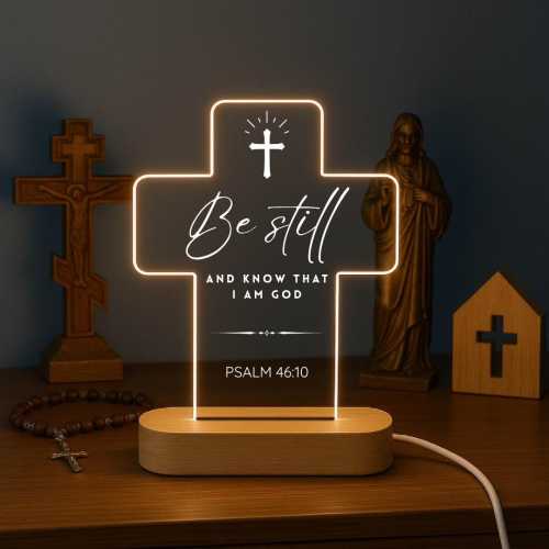 Christian Cross Night Light - Psalm 46:10 Be Still Scripture Lamp - Religious Gift for Him Her - Bible Verse Bedroom Decor