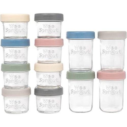 WeeSprout Glass Baby Food Storage Jars w/ Lids (4/8 oz, 12 Pack Set) Snack, Reusable Small Containers, Breast Milk, Fridge, Freezer, Microwave & Dishwasher Safe, Essential Must Have for Infants