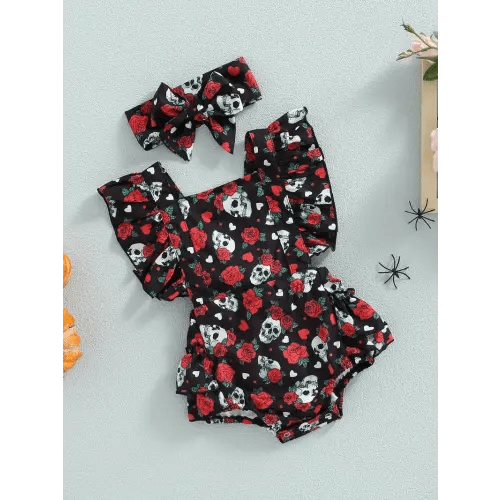 2pcs baby girl halloween outfit rose skull neck - Temu