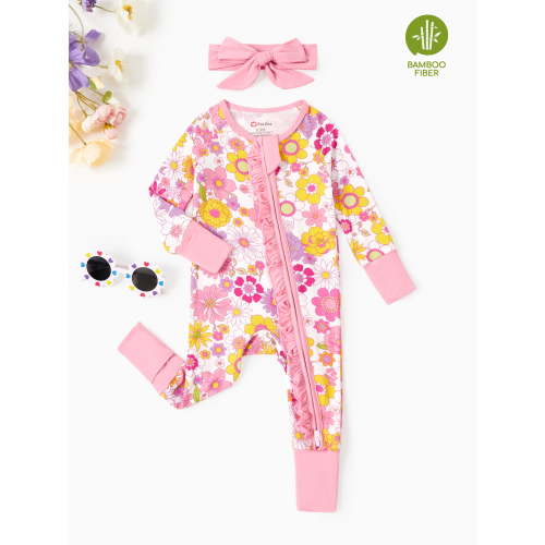 PatPat Baby Girl Outfit Bamboo Baby Pajamas Footed & Footless 2-Way Zipper Footies Sleep N Play Pajamas with Headband Gift for Baby Girls Newborn 0-3 Months