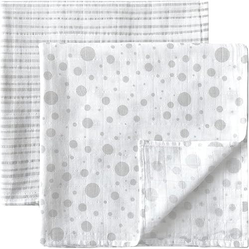 MOZAH Organic Muslin Swaddle Blankets - Stripes & Dots - 2 Pack - for Baby Boy or Girl - Ideal for Newborns, Toddlers & Registry Essentials