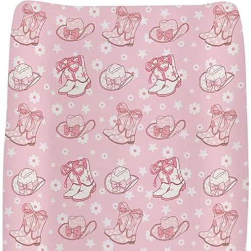 Pink Floral Bows Cowgirl Boots Hat Changing Pad Covers for Baby Girls Boys Boho Western Cowgirls Stars Fitted Change Table Covers Mats Country Wild West Soft Diaper Changing Table Sheets 32''×16''