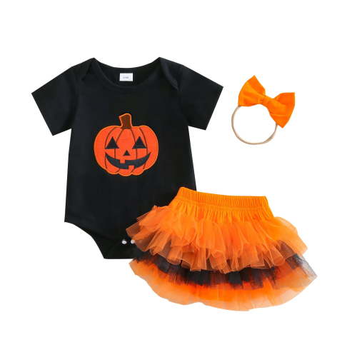 RMGVDSD Baby Girl Halloween Outfit Short Sleeve Pumpkin Print Romper Tutu Skirts Headband Cute 3Pcs Clothes Set Hallowmas Outfits 0-3 Months