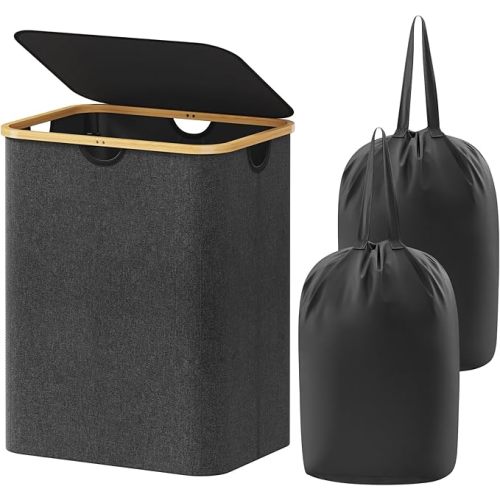 Lifewit 120L Laundry Basket with Lid, Clothes Hampers for Laundry with Bamboo Handles and A Removable Laundry Bag, Large Foldable Hamper for Bedroom, Bathroom, Dorm, Laundry Room, Dark Gray