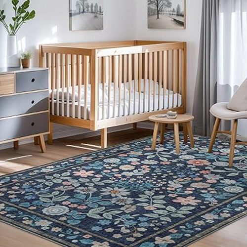 YIHOUSE Floral Blue 6x9 Washable Living Room Area Rug, Non Slip Boho Soft Bedroom Rug, Ultra Thin Large Colorful Flower Carpet for Dining Room Home Office Dark Blue,6'x9'